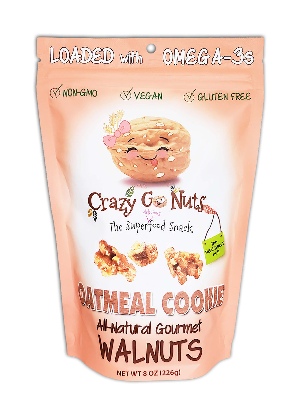 A bag of oatmeal cookie coated walnut snacks