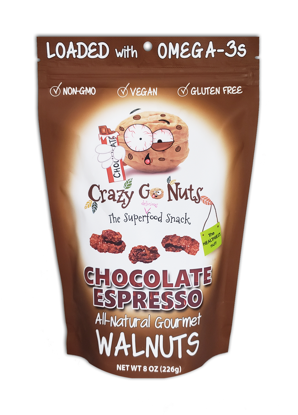 A bag of chocolate espresso coated walnut snacks