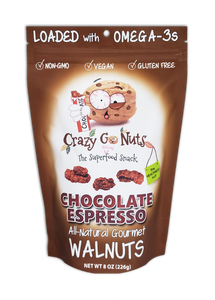 A bag of chocolate espresso coated walnut snacks
