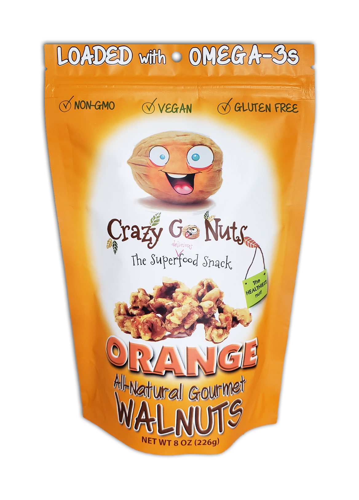 A bag of orange coated walnut snacks
