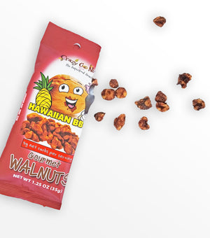 Hawaiian BBQ coated walnut snacks spilling out of the bag