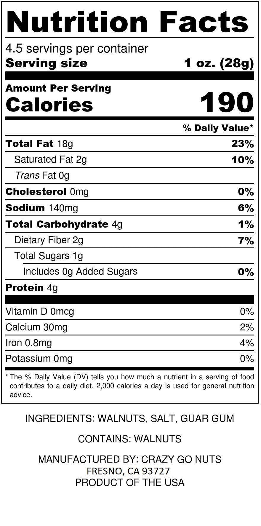 Nutrition panel for sea salt walnuts. Ingredients contain walnuts, salt, and guar gum