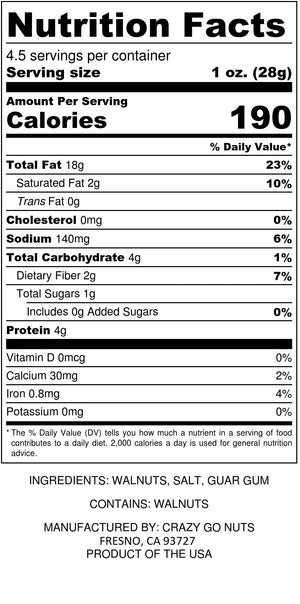 Nutrition panel for sea salt walnuts. Ingredients contain walnuts, salt, and guar gum