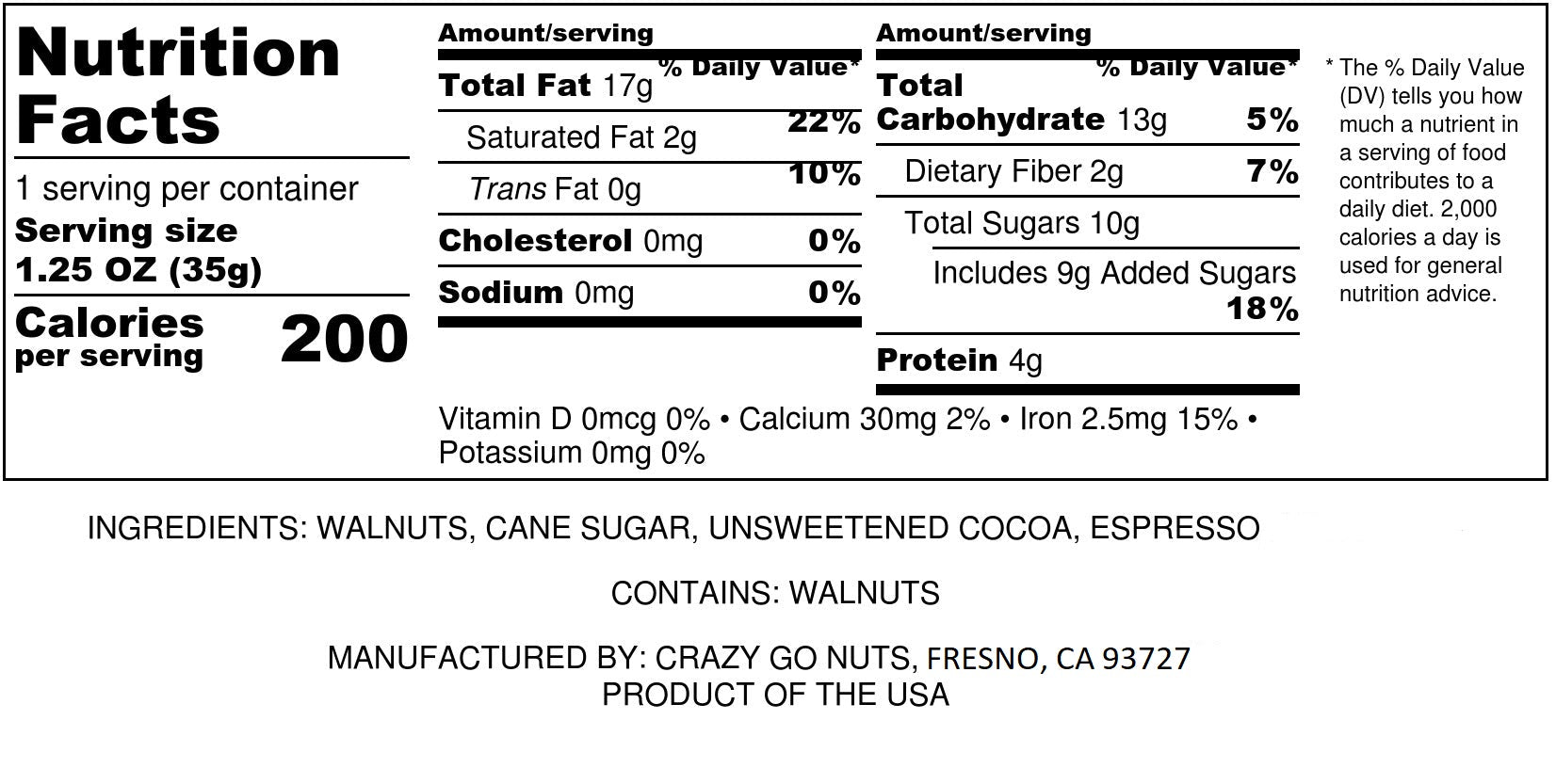 Nutrition panel for chocolate espresso coated walnut snacks. Ingredients include walnuts, cane sugar, cocoa, and espresso