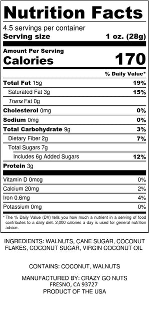 Nutrition panel for coconut coated walnut snacks