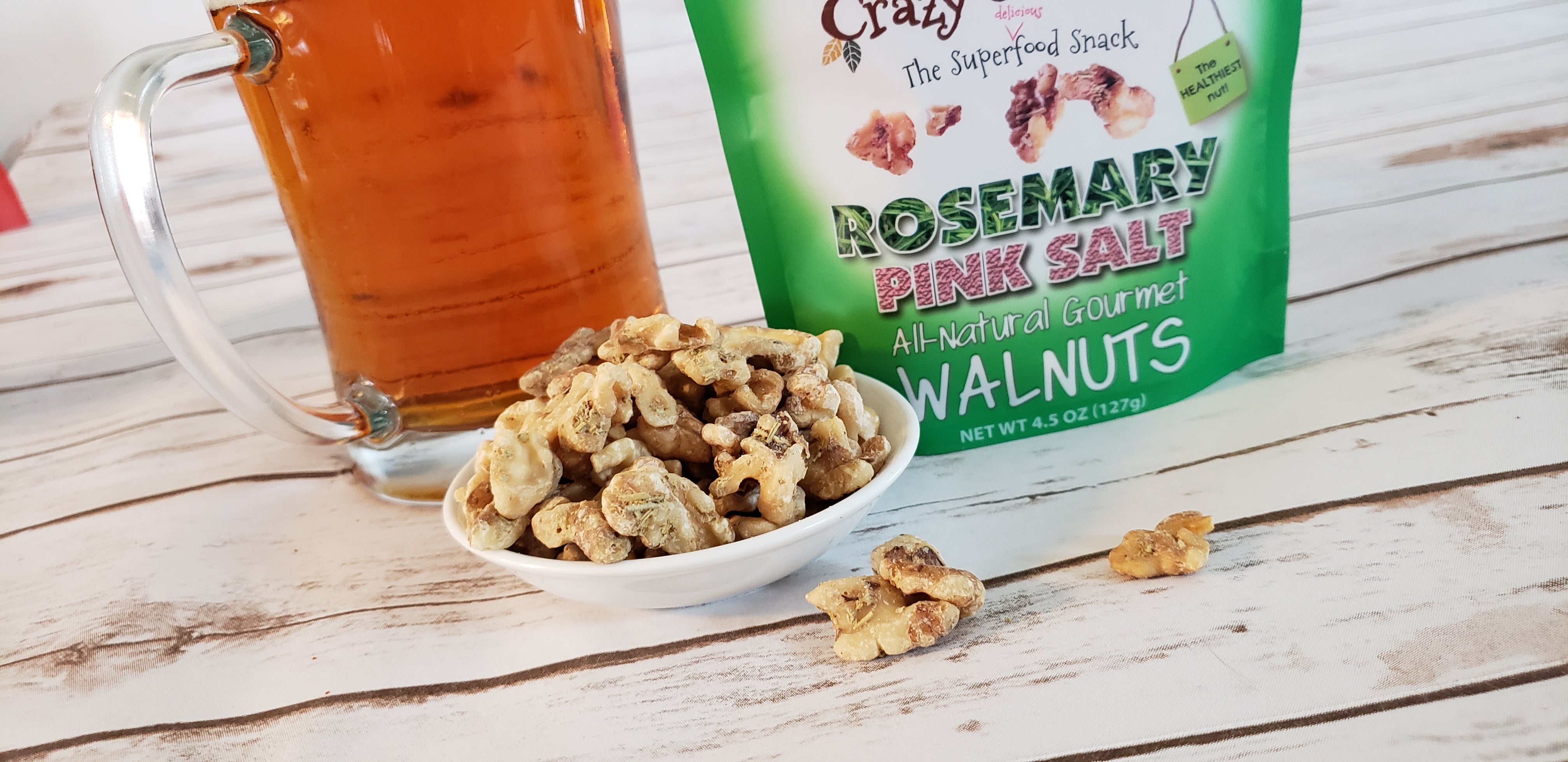 Rosemary pink salt walnuts paired with your favorite beer