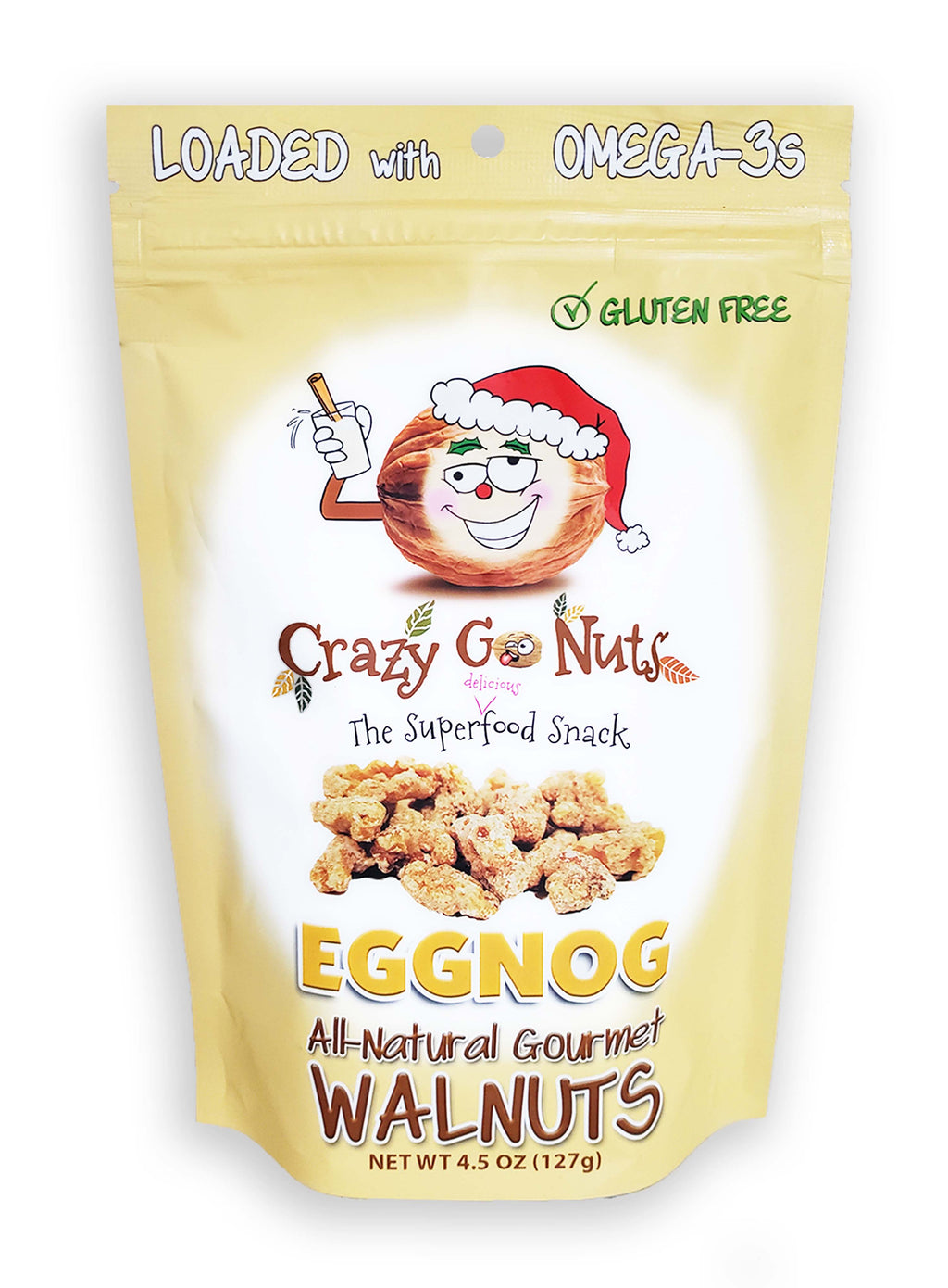 A bag of eggnog coated walnut snacks
