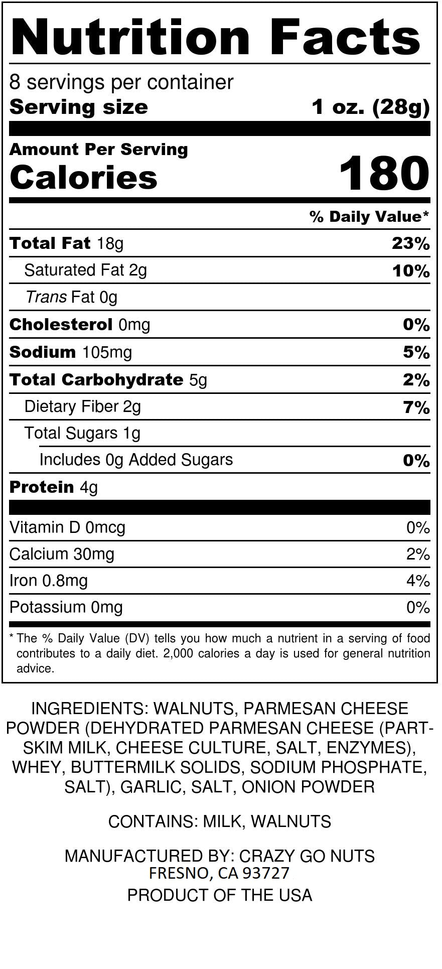 Nutrition panel for garlic parmesan walnut snacks