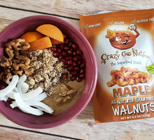 Maple coated walnut snacks used in a breakfast bowl