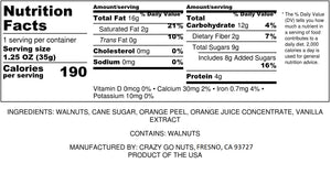 Nutrition panel for orange coated walnut snacks. Ingredients include walnuts, cane sugar, orange peel, orange juice concentrate, and vanilla extract.
