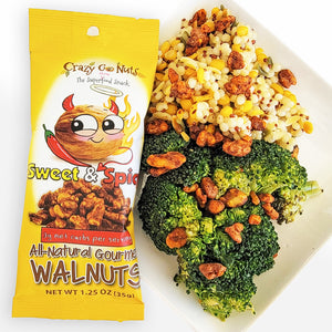 Sweet & spicy walnut snacks being used in a dinner with roasted vegetables