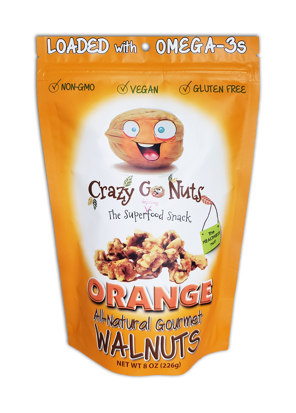 A bag of orange coated walnut snacks