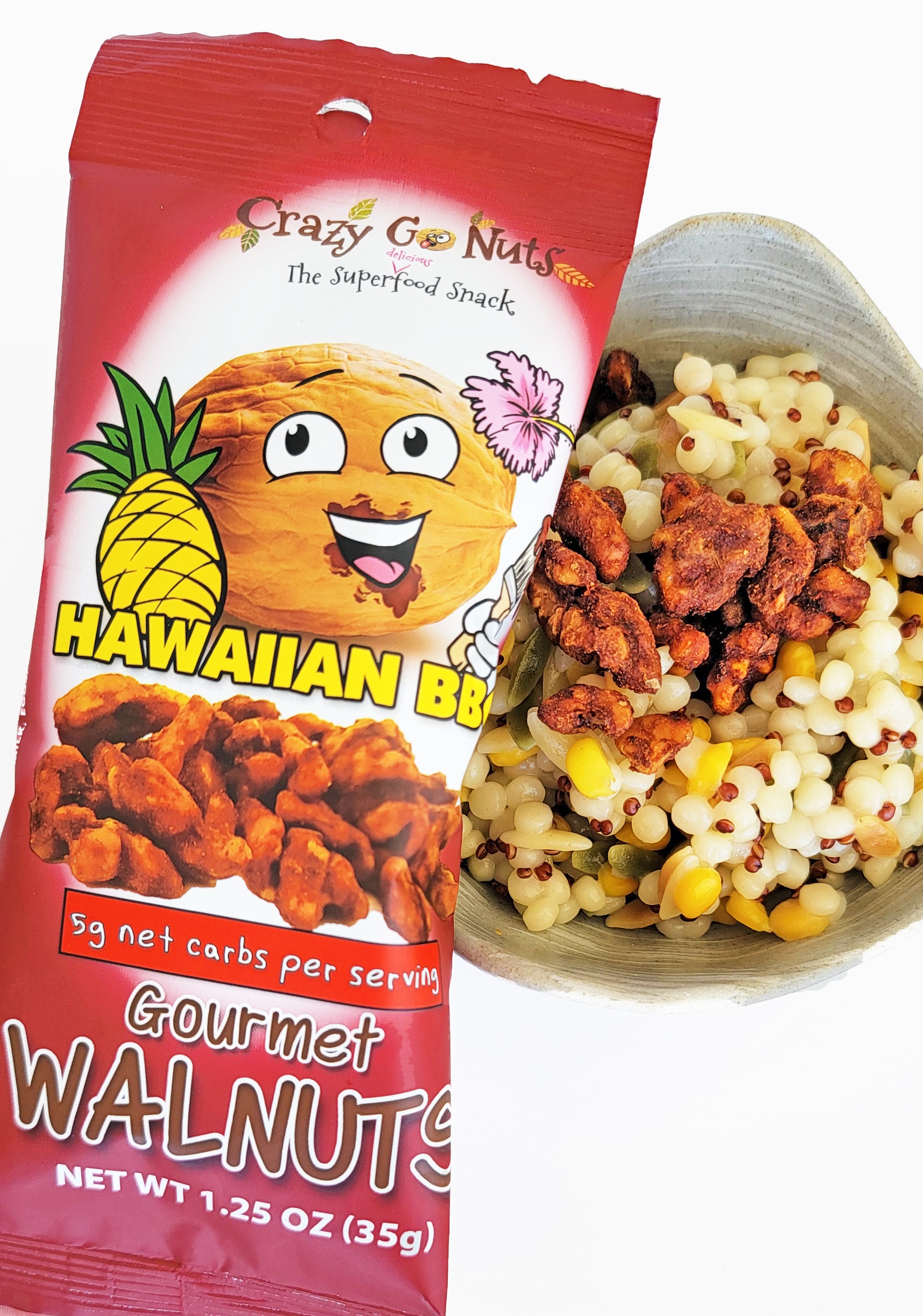 Hawaiian BBQ walnuts being used as a topping for a grain bowl