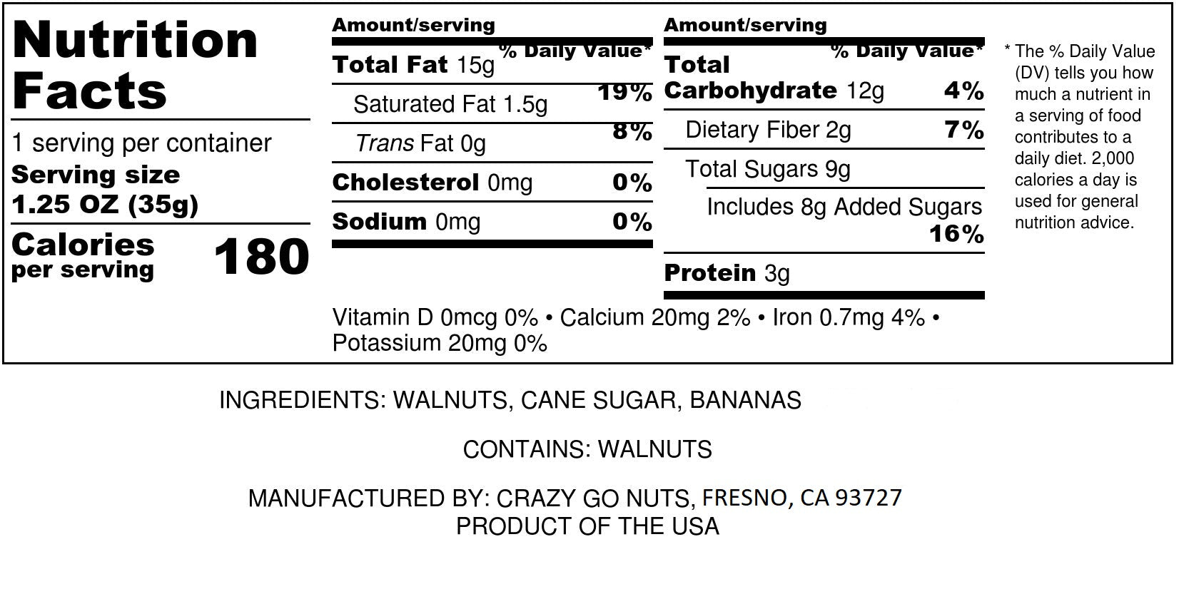 Nutrition panel for coated banana walnut snacks. Ingredients include walnuts, cane sugar, and bananas