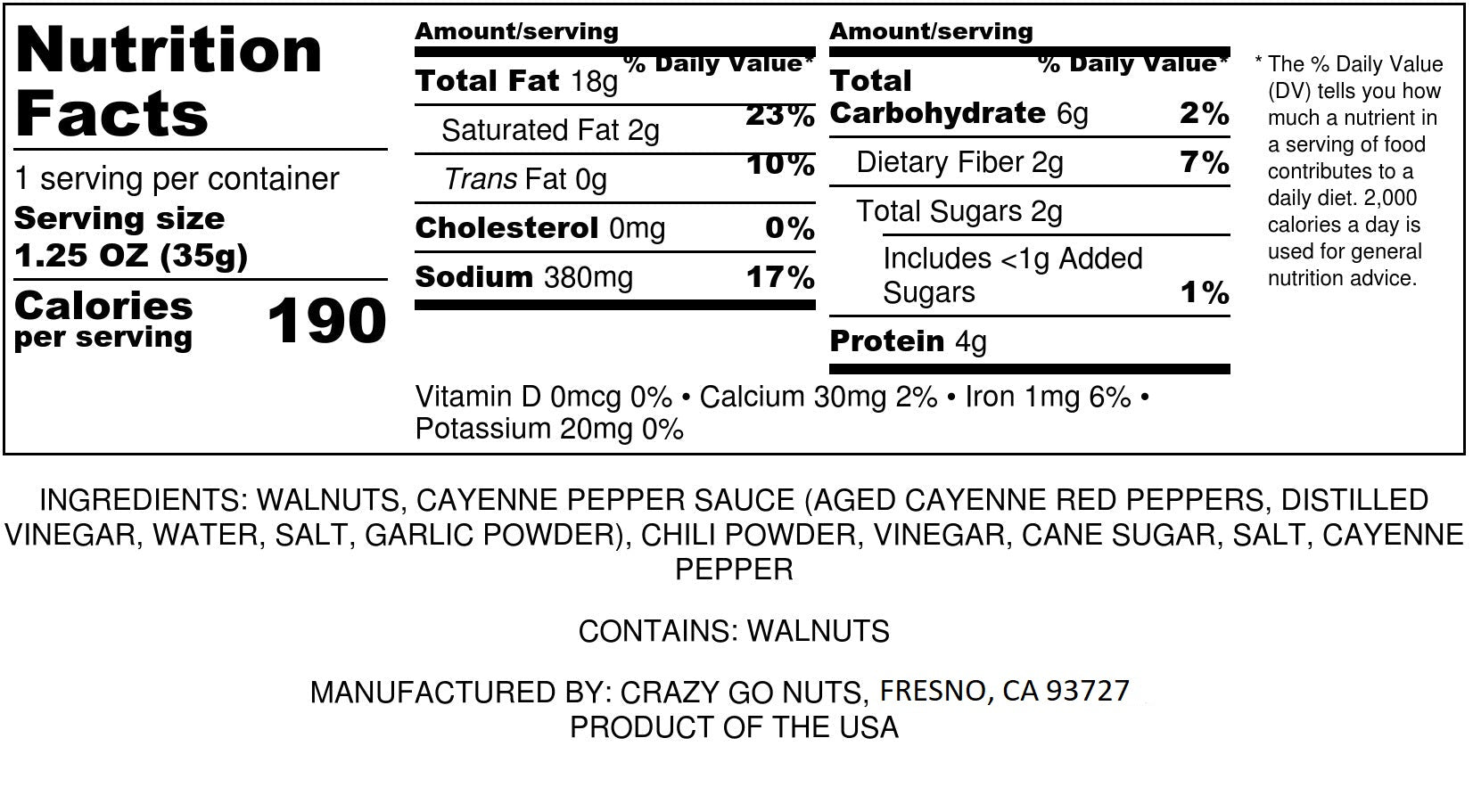 Nutrition panel for buffalo coated walnut snacks