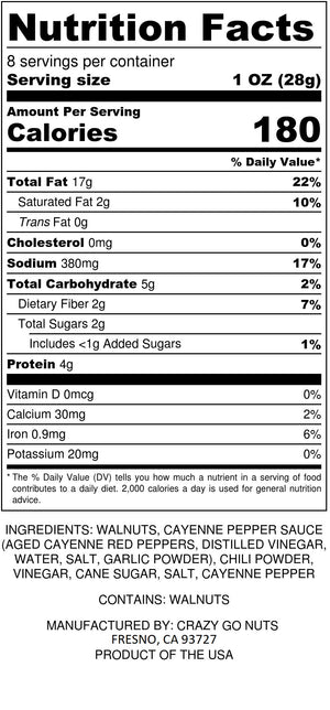 Nutrition panel for buffalo seasoned walnut snacks