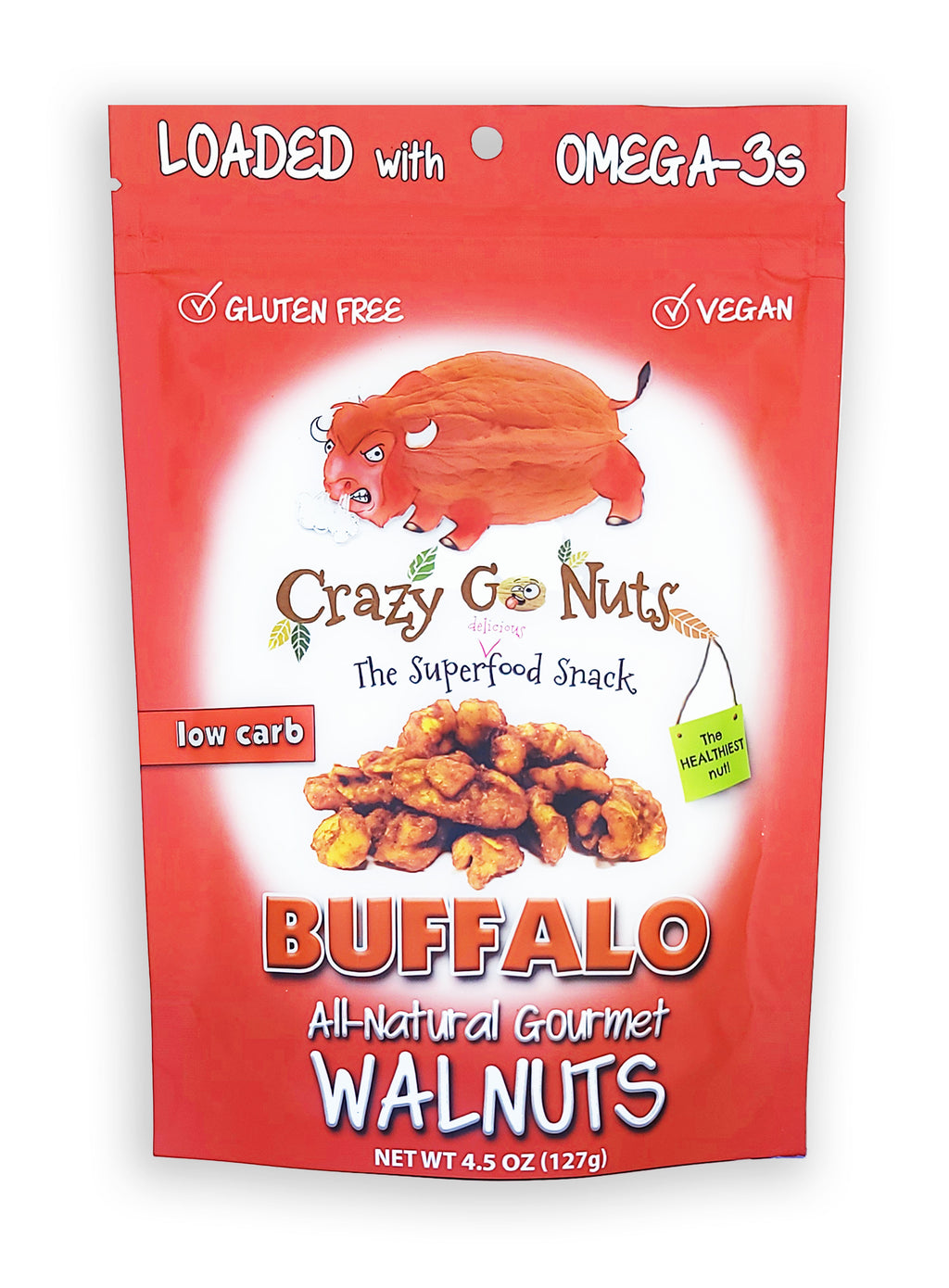 A bag of buffalo wing sauce-coated walnut snacks