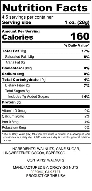 Nutrition panel for chocolate espresso walnut snacks. Ingredients include walnuts, cane sugar, cocoa, and espresso.