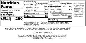 Nutrition panel for chocolate espresso coated walnut snacks. Ingredients include walnuts, cane sugar, cocoa, and espresso