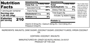 Nutrition panel for coconut coated walnut snacks
