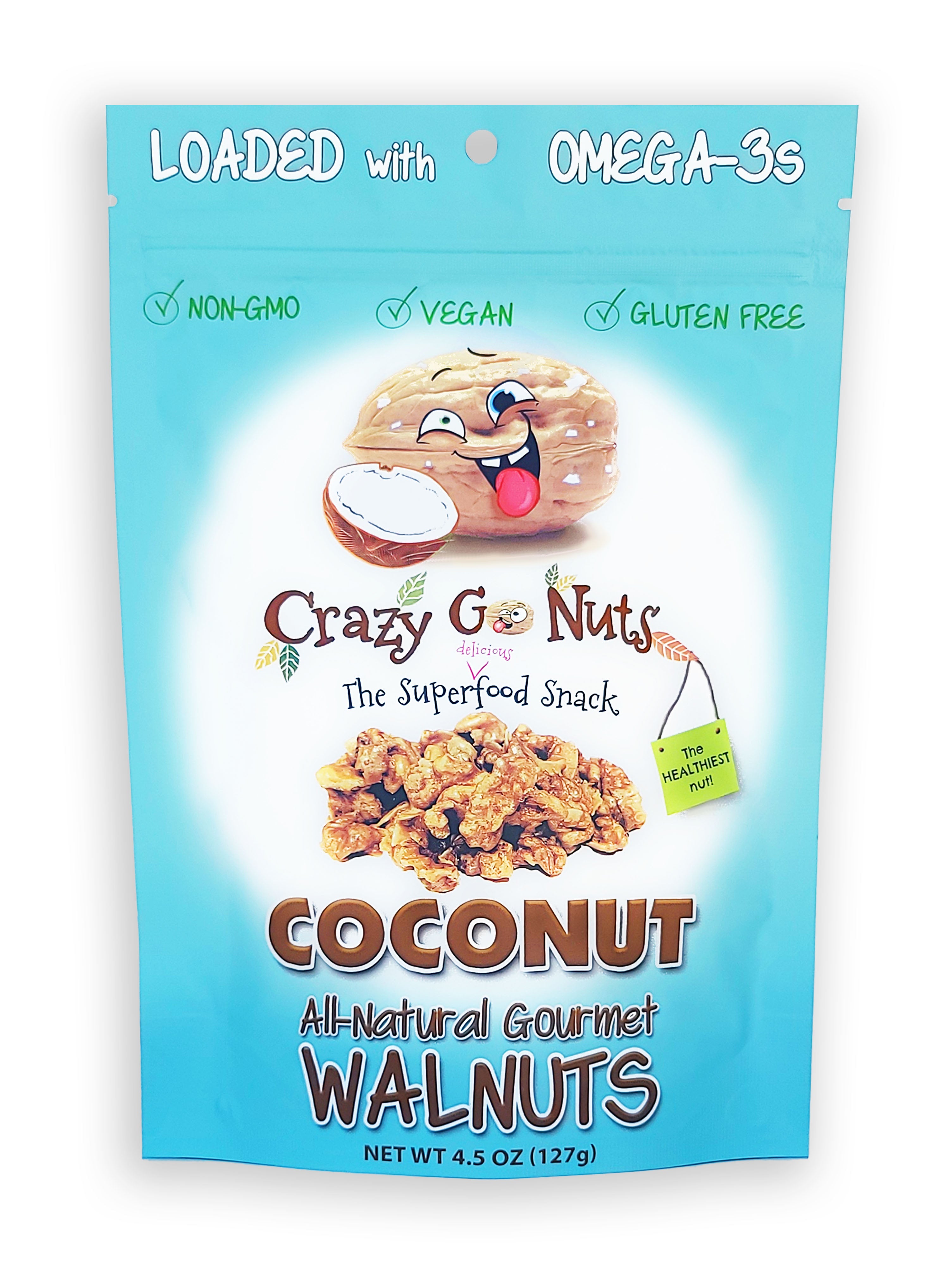 A bag of coconut coated walnut snacks