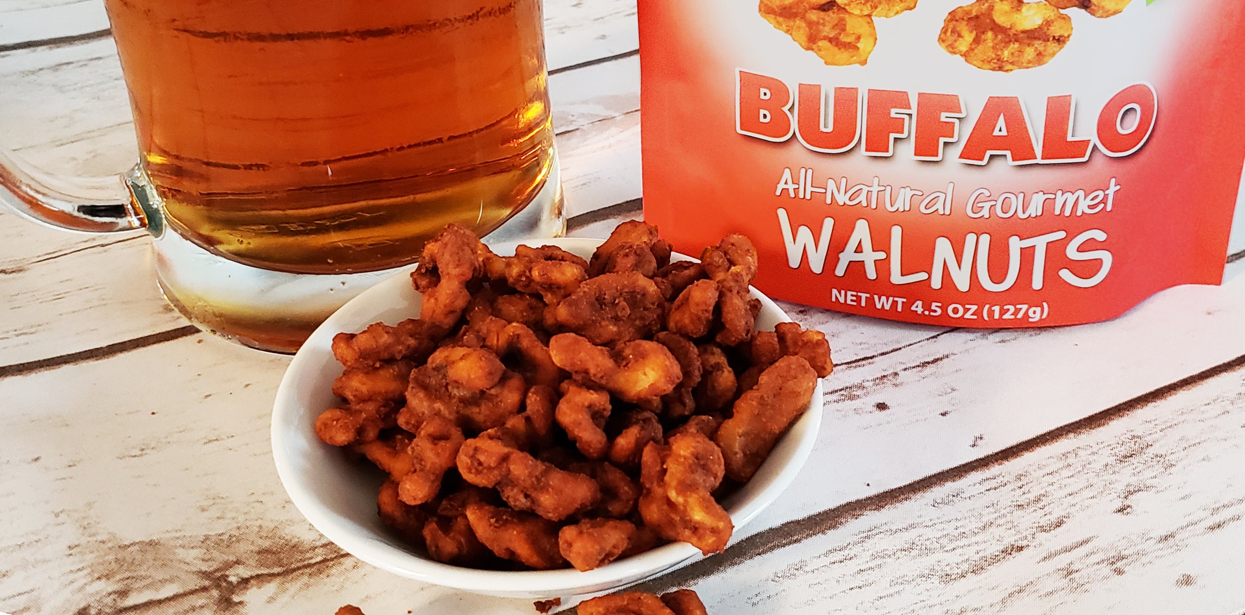 Buffalo seasoned walnut snacks paired with your favorite beer