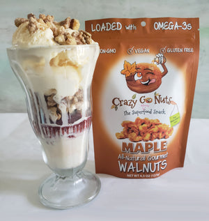 Maple coated walnut snacks used as a topping on an ice cream sundae