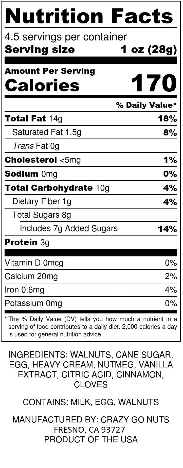 Nutrition panel for eggnog coated walnut snacks