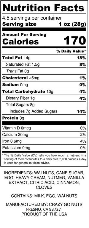 Nutrition panel for eggnog coated walnut snacks