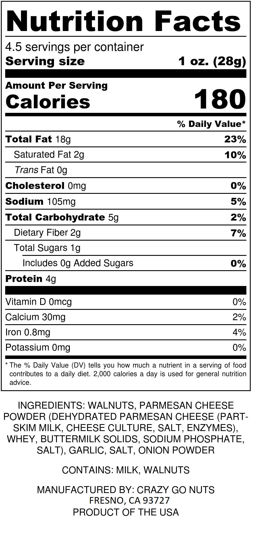 Nutrition panel for garlic parmesan coated walnut snacks