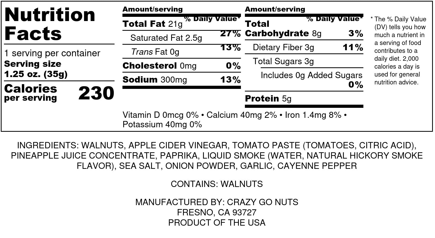 Ingredient panel for Hawaiian BBQ walnut snacks