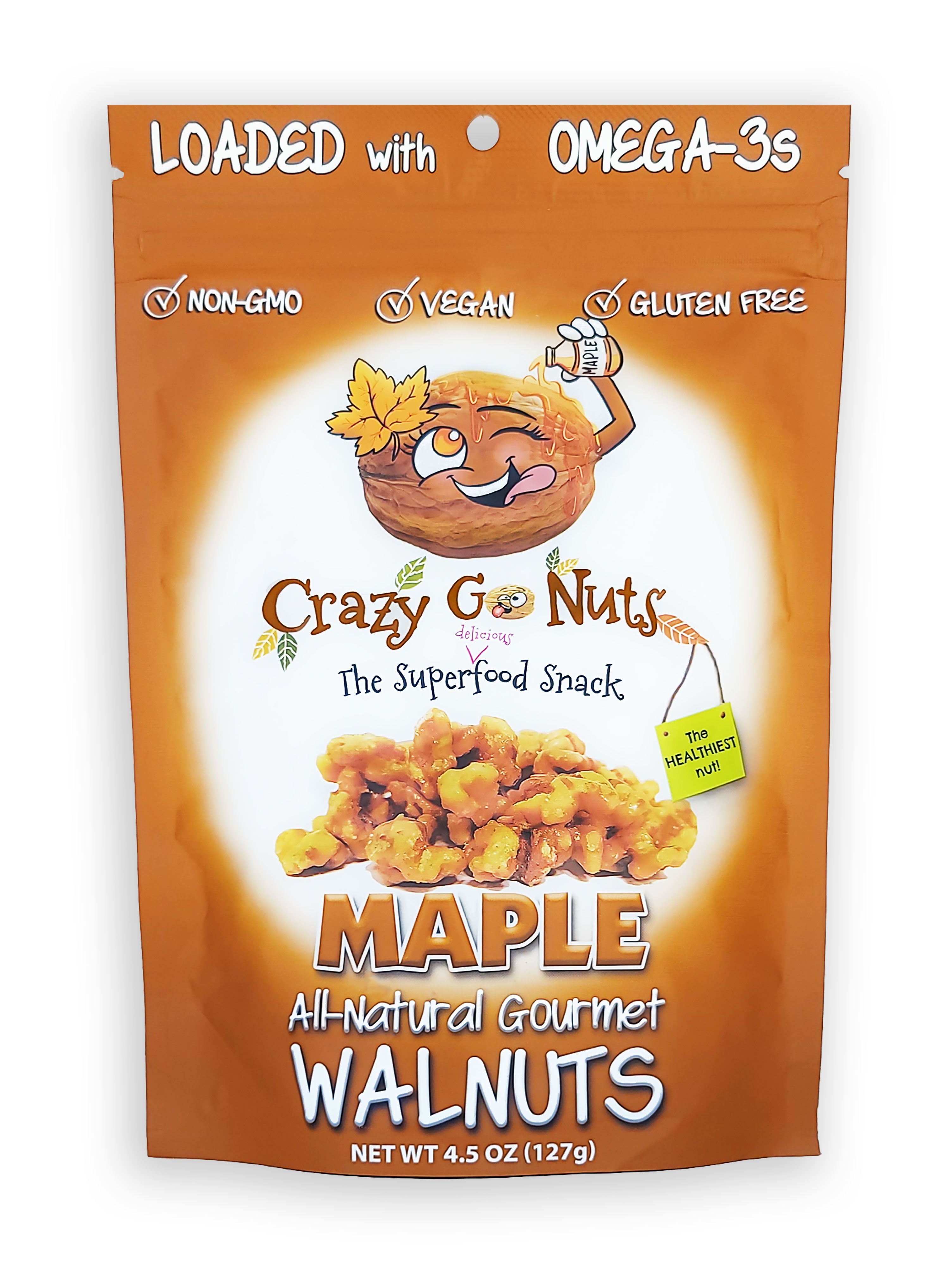 The front of a bag of maple coated walnut snacks