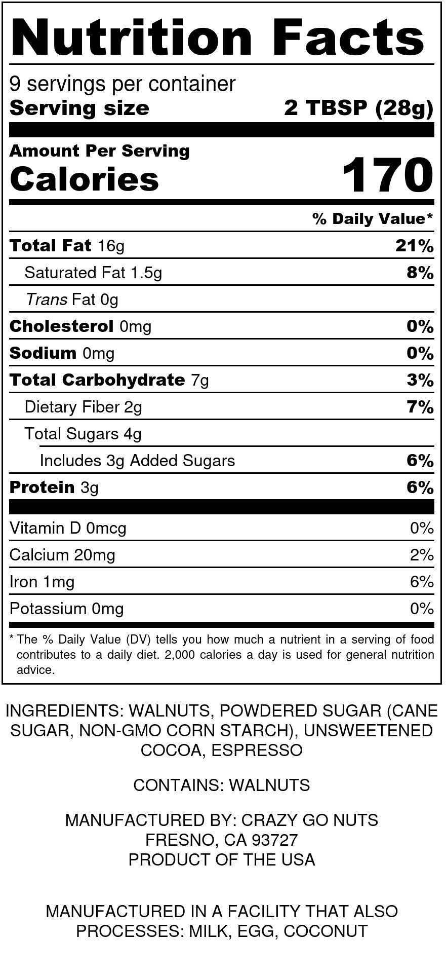 Nutrition panel for chocolate espresso walnut butter