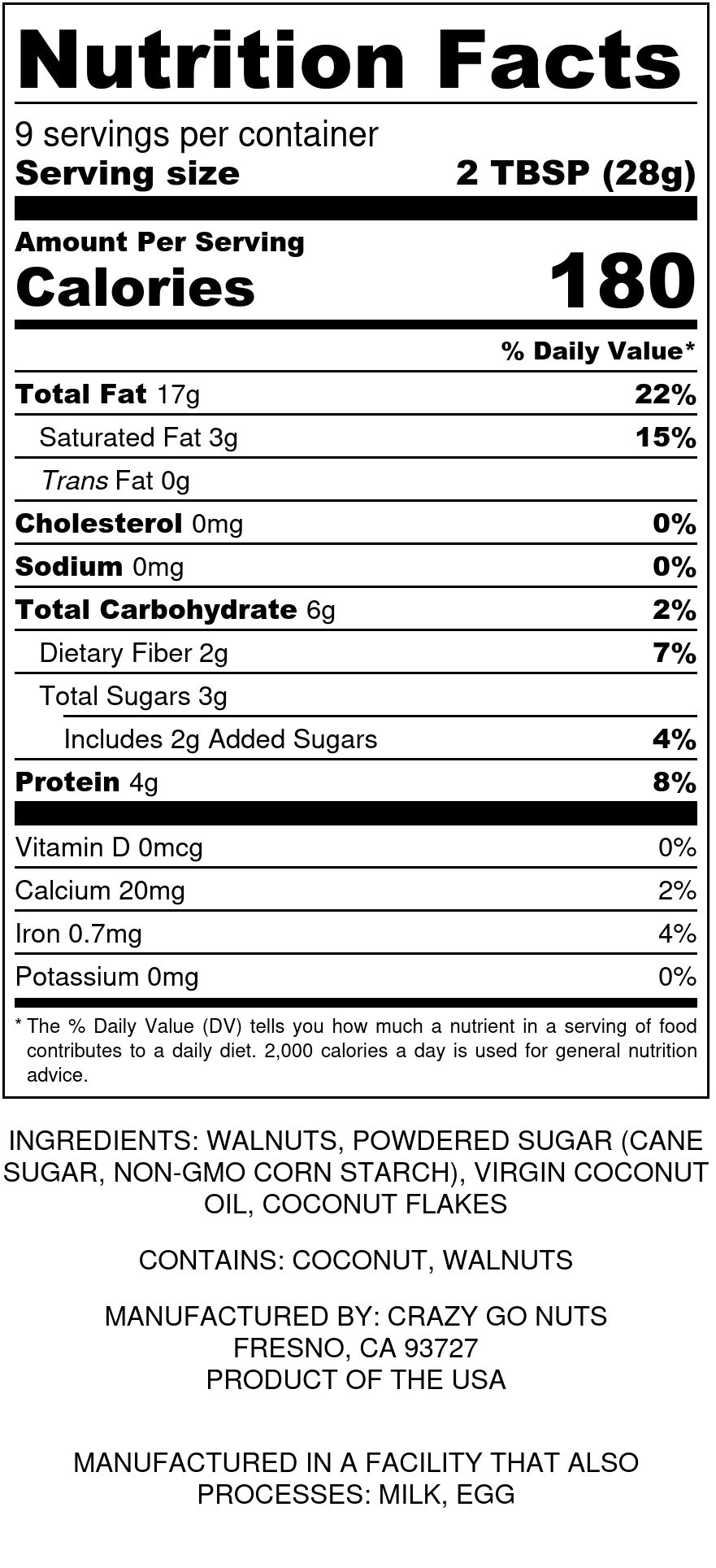 Nutrition panel for coconut walnut butter