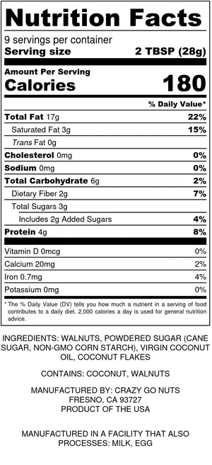 Nutrition panel for coconut walnut butter