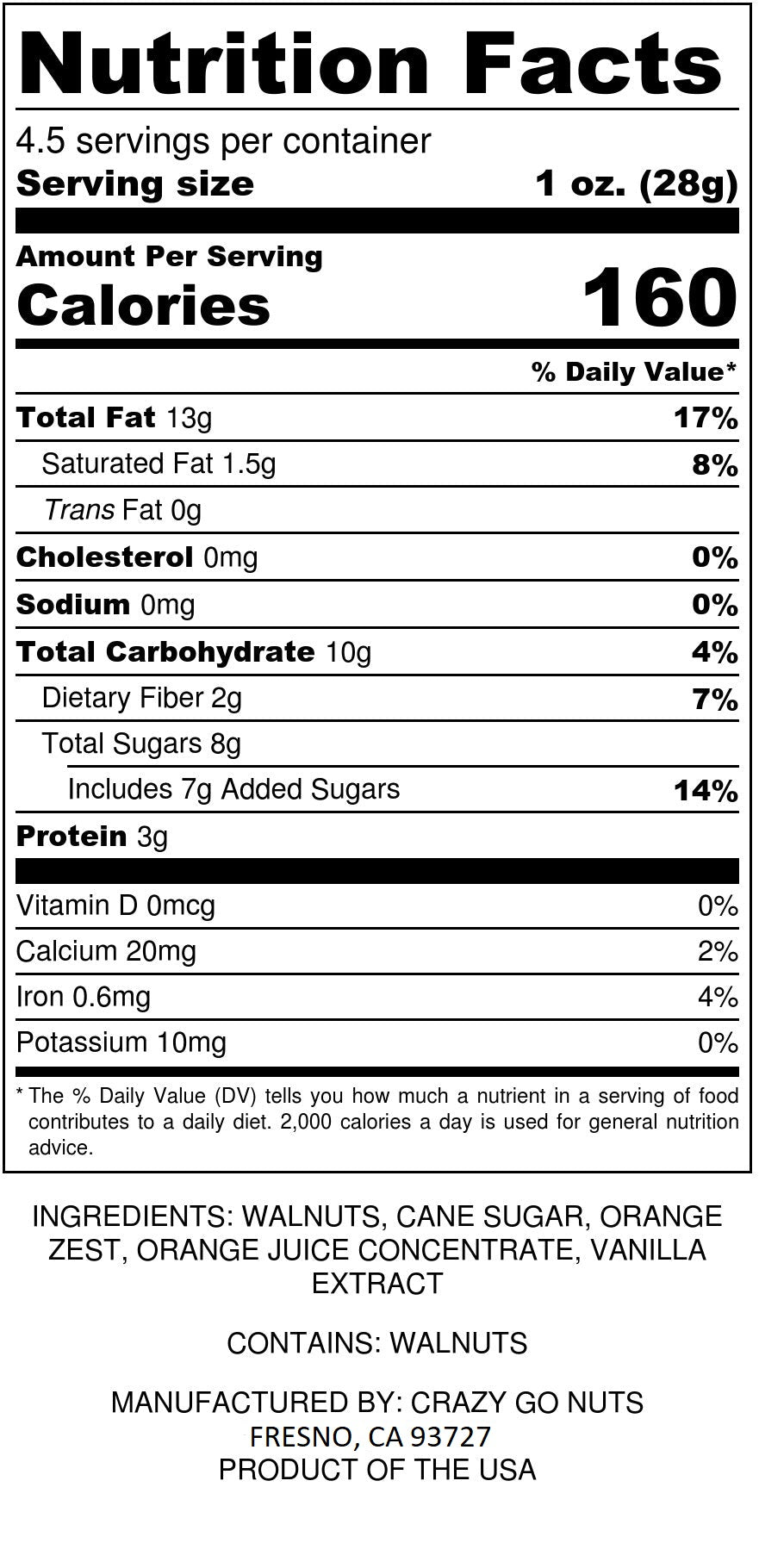 Nutrition panel for orange coated walnut snacks