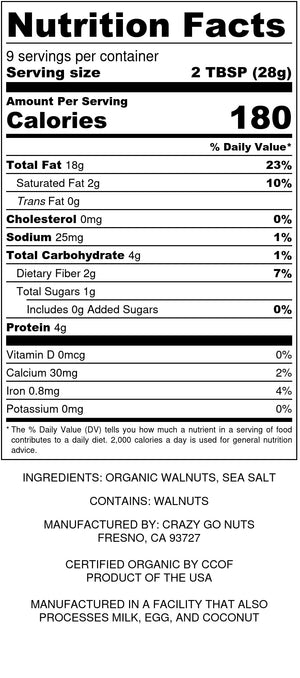Nutrition panel for organic walnut butter. Ingredients include organic walnuts and sea salt.