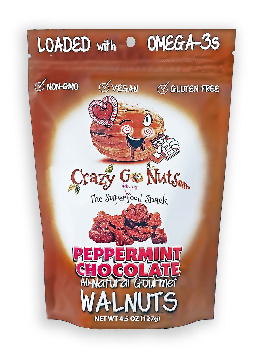 A bag of peppermint chocolate walnut snacks