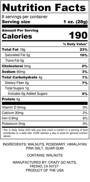 Nutrition panel for rosemary pink salt walnut snacks