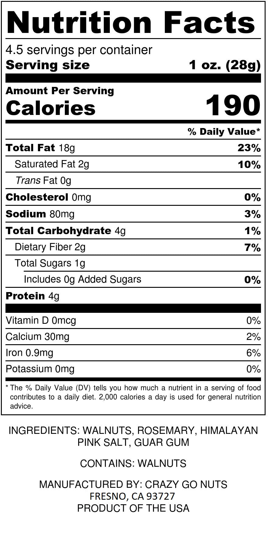 Nutrition panel for rosemary pink salt walnut snacks. Ingredients include walnuts, rosemary, pink salt, and guar gum