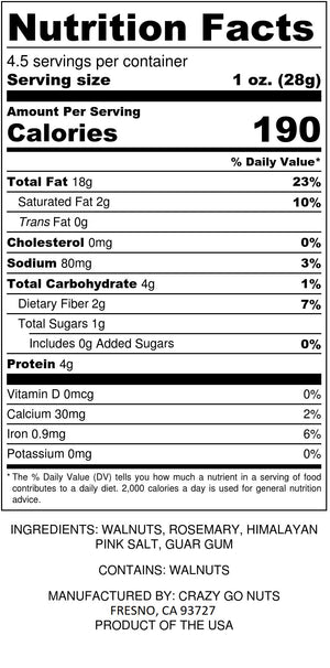 Nutrition panel for rosemary pink salt walnut snacks. Ingredients include walnuts, rosemary, pink salt, and guar gum