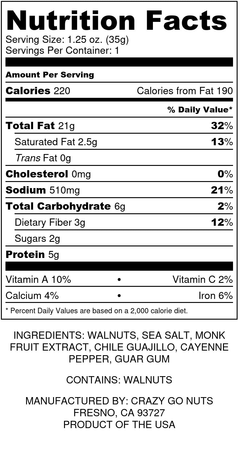 Nutrition panel for sweet and spicy walnut snacks. Ingredients include walnuts, sea salt, monk fruit, chili peppers, and guar gum