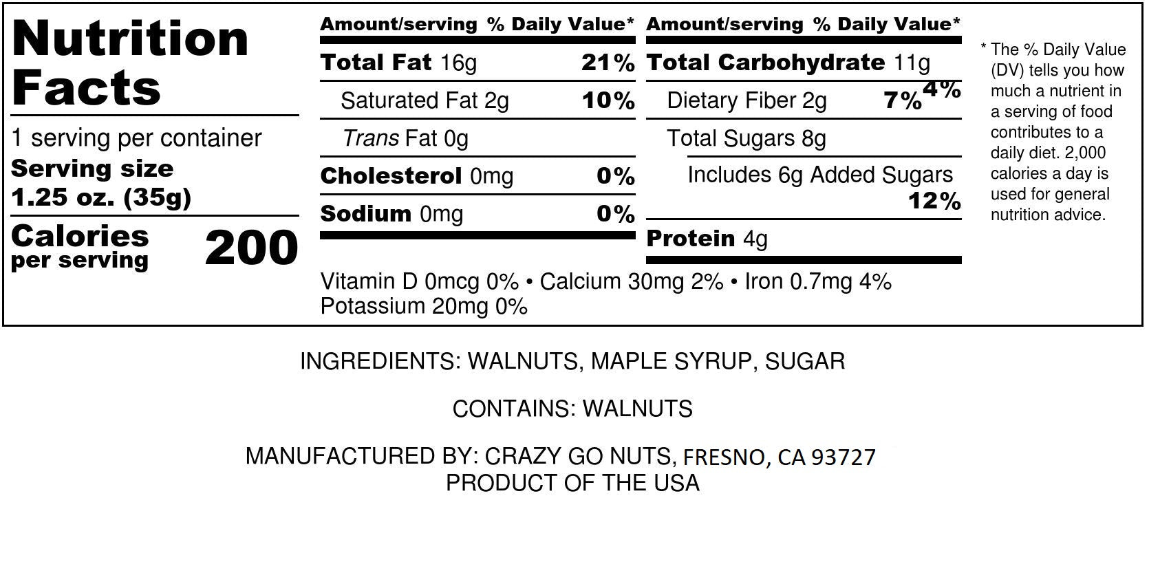 Nutrition panel for maple coated walnut snacks. Ingredients include walnuts, maple syrup, and sugar.