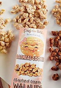 A small spilled bag of oatmeal cookie coated walnut snacks