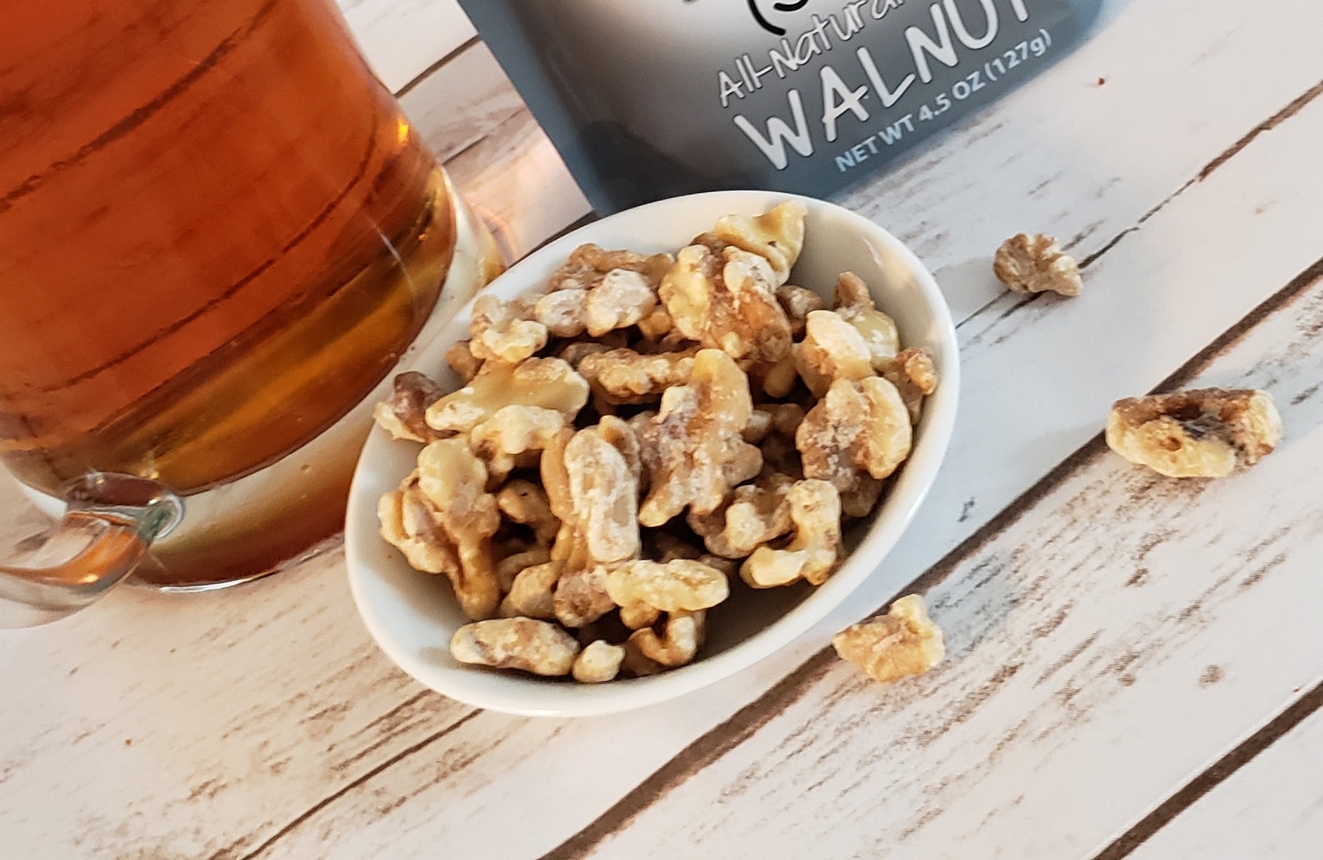 Sea salt coated walnut snacks paired with your favorite beer